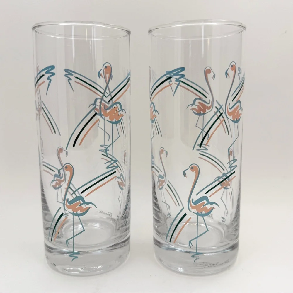 Vintage MCM 1960s Panache Flamingo Tumbler Highball Bar Glasses Set of 2